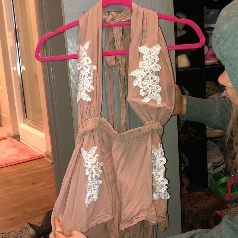 Pink white lace romper